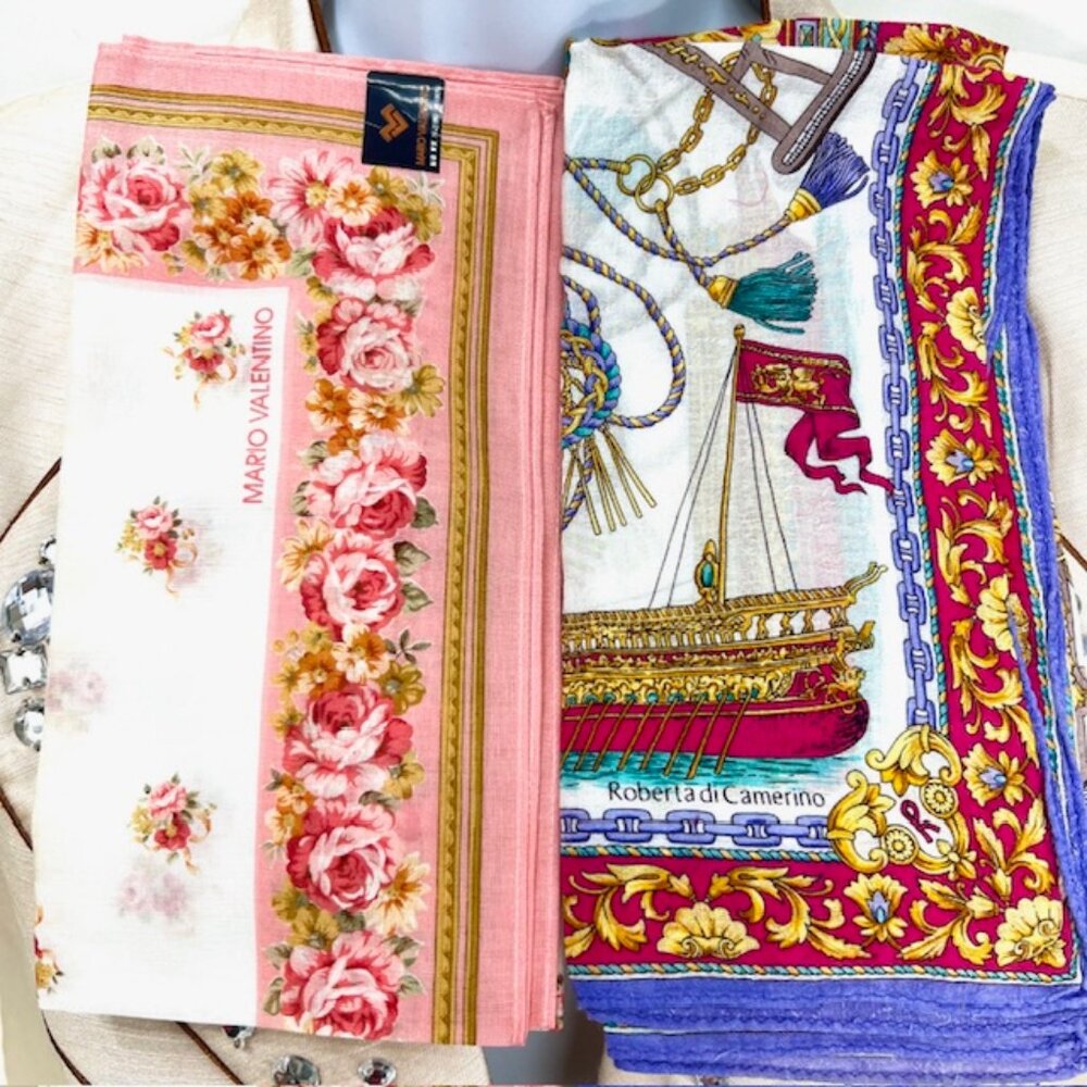 New Set of 2 Handkerchief/Mini Scarfs Valentino, cotton 18" red pink floral(25)